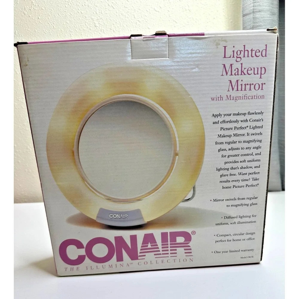 NEW Vtg Conair Lighted Makeup Mirror Round Two Sided 2000 Folds Stand